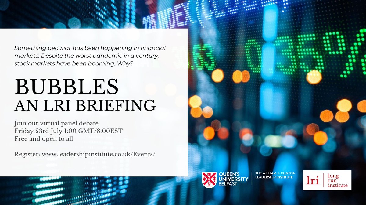 Stock markets are booming despite the worst pandemic in a century. Why? 
Join @ProfJohnTurner @LongInitiative in debate with 
@wquinn05 @reb_stuart @InvestorAmnesia this Friday 23rd 1:00 GMT/ 08:00 EST
Register ➡️ rb.gy/gnpmbc 
#leadership #Economics #cryptocurrency