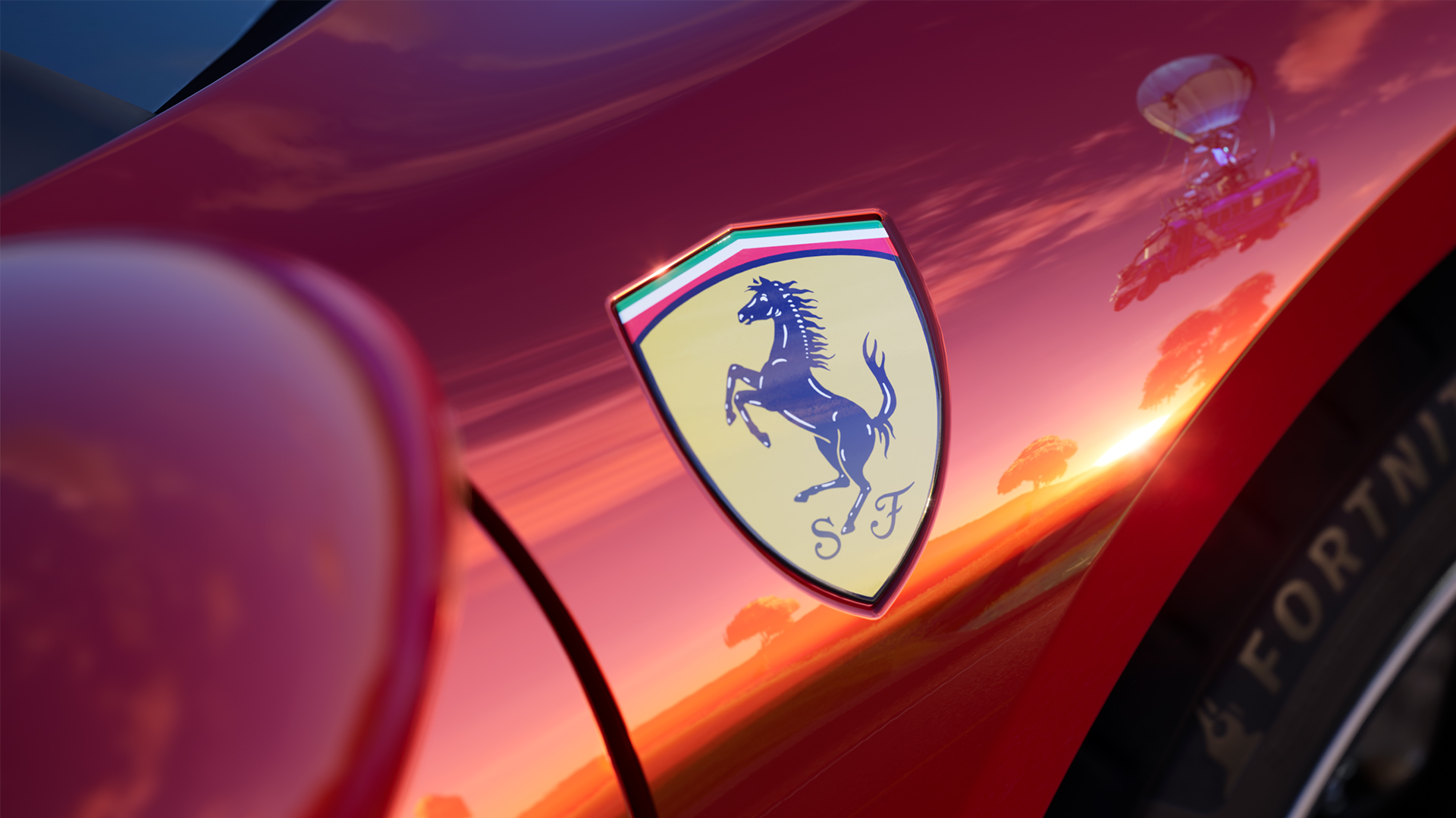 The Ferrari car logo is seen close up on a red vehicle. In the reflection of the car the Battle Bus is seen.