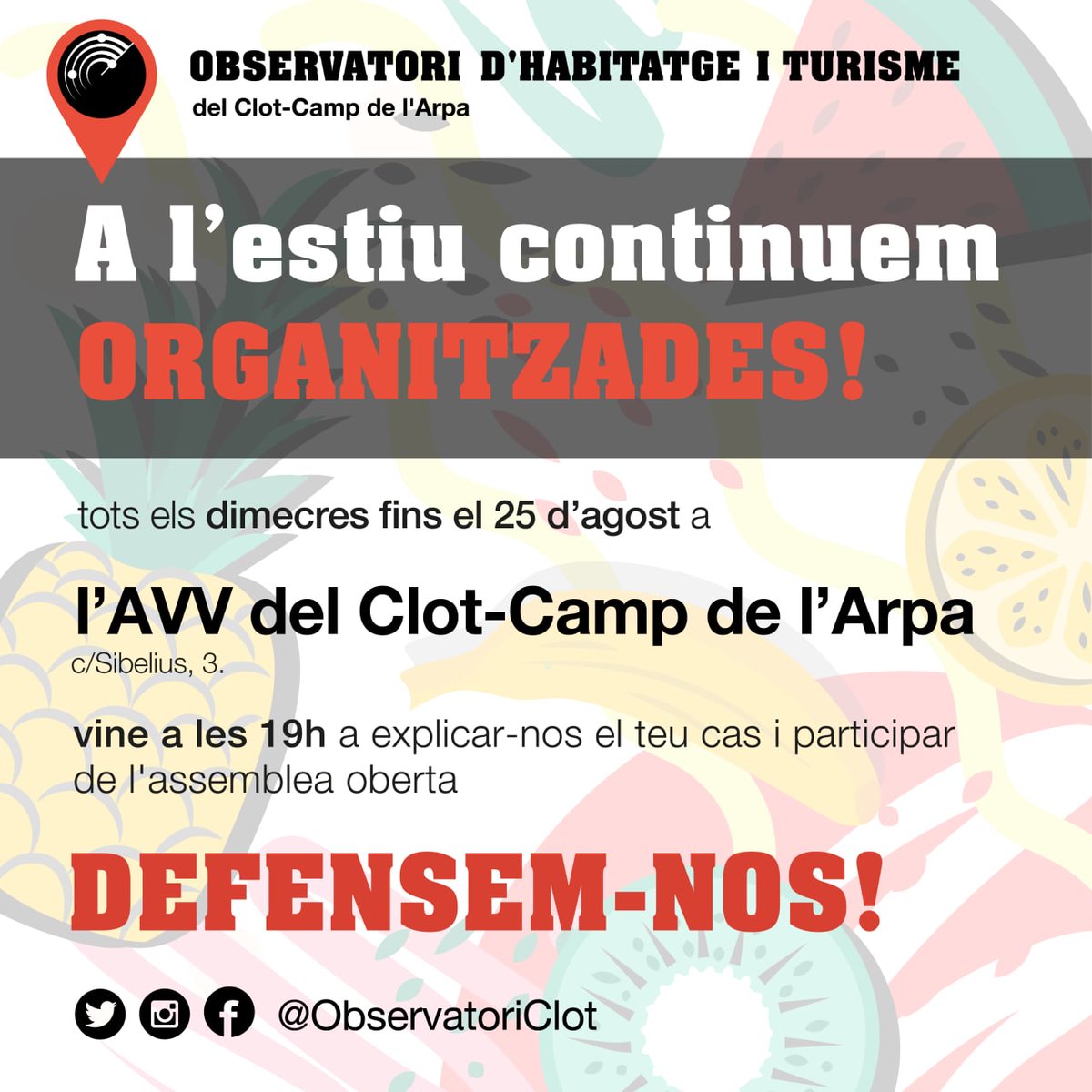 📣 A l'observatori no marxem de vacances!

Ajustem horaris de l'acollida i l'assemblea i seguim al peu del canó 💪

Ens trobareu com sempre els dimecres a l'<a href="/avvc_ca/">Associació de Veïnes i Veïns Clot-Camp de l'Arpa</a> de 19 a 21h!

Seguim!