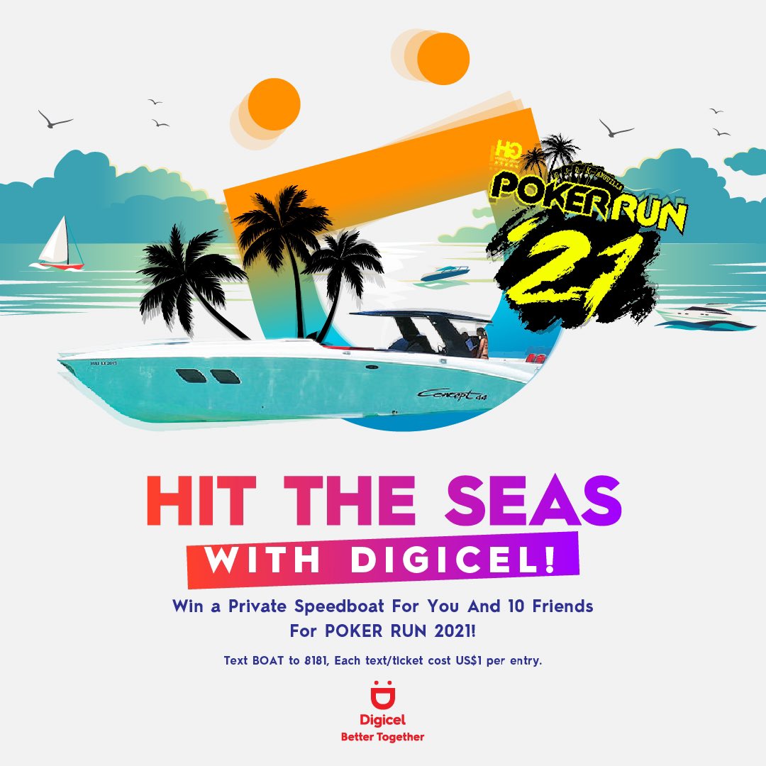 DigicelAnguilla's tweet photo. 👀 🌊WIN a PRIVATE SPEEDBOAT 🤩for you and 10 friends for POKER RUN 2021🚤! Text BOAT to 8181 or buy a raffle ticket in MDA for your chance to WIN! ticket cost US 1 per entry 🙌🏽

Tag the crew your taking with you below 😎👇 
#PokerRun2021 #HitTheSeasWithDigicel https://t.co/BT7HkXoDv5