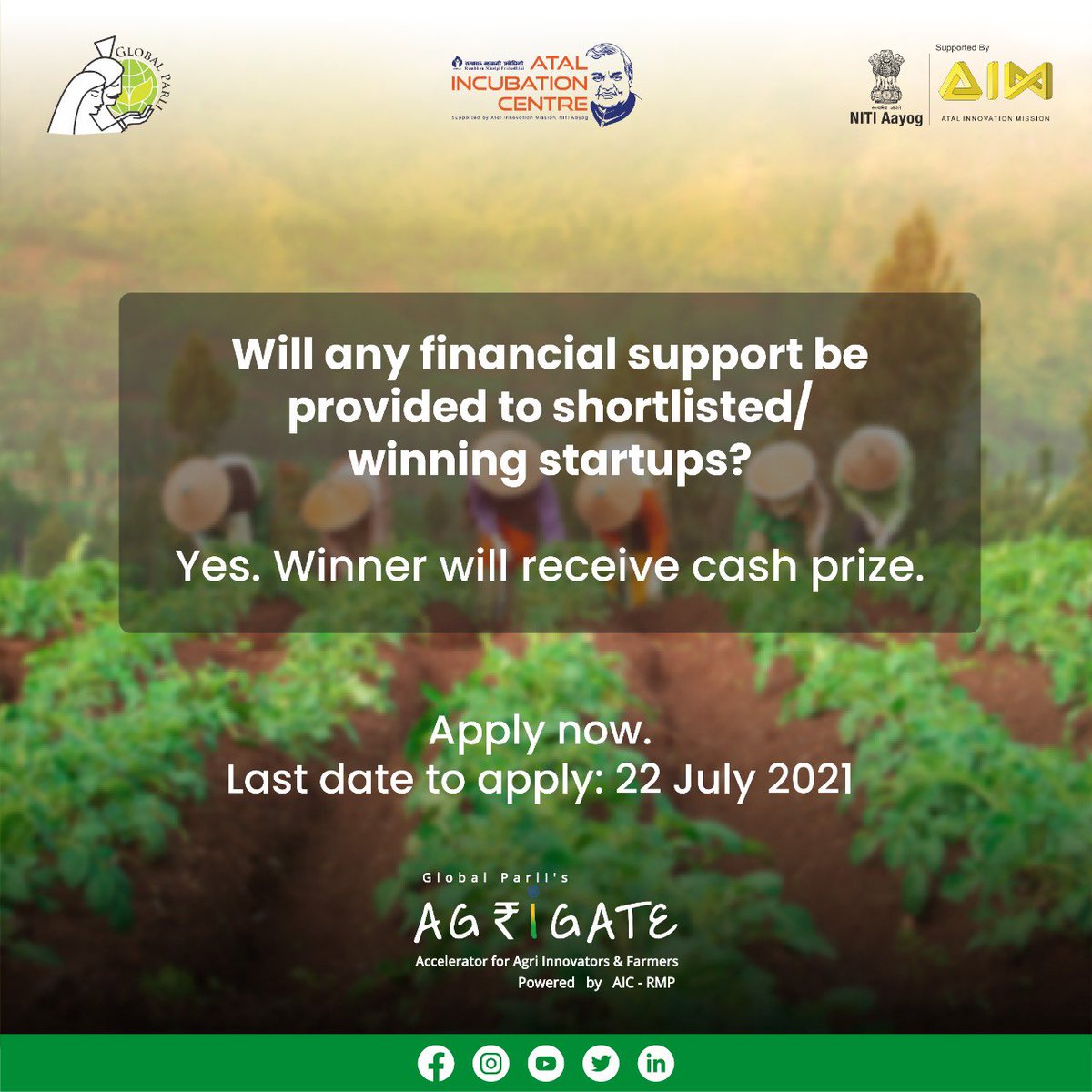 agrigateindia's tweet photo. We will have VCs &amp; Impact Investors guiding winning startups during the market testing &amp; launch phase. 

The financial support cannot be, however, committed.

To apply: 

Visit https://t.co/zA1gAYkLhk 

To partner with us: 

Visit https://t.co/Z9F9NT9JUC

Last date: 22 July 2021 https://t.co/RCTX2AOEOO