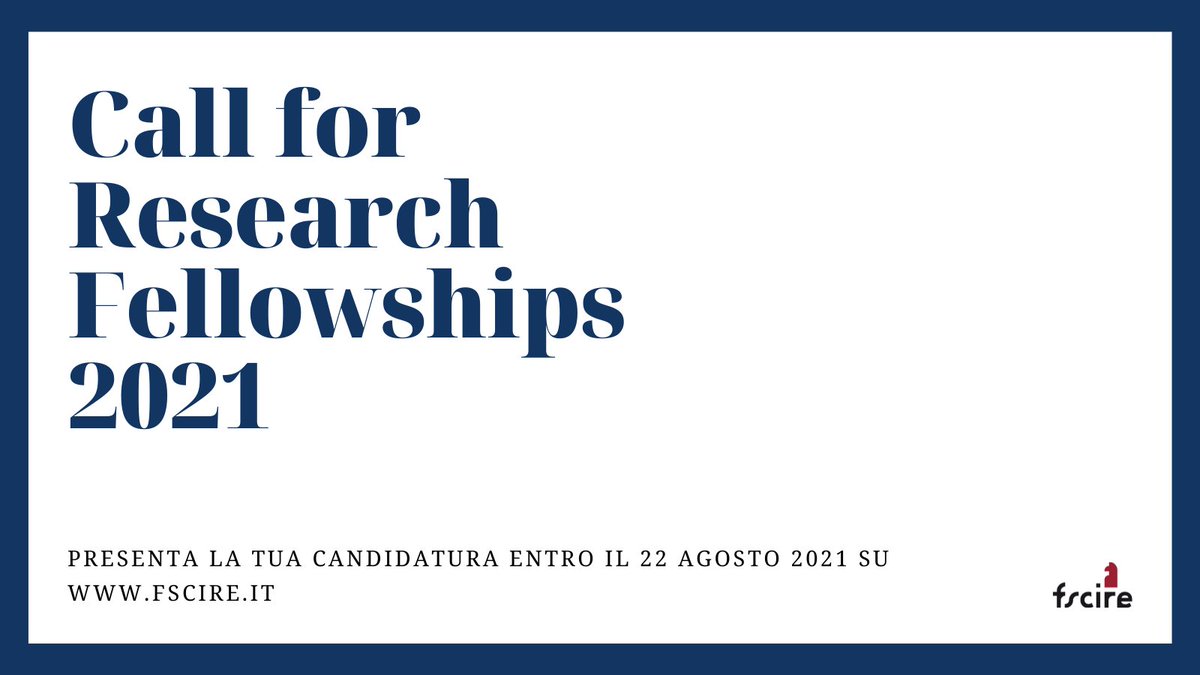 📢#FSCIRE invites applications for #PostdoctoralFellowships for its Bologna and Palermo centres

ℹ️ Applications should be sent by August 22, 2021
👉 bit.ly/3iBOlFS