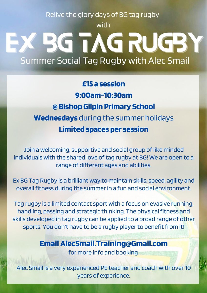 Calling all BG Alumni!!!

Mr Smail is running social netball and tag rugby clubs over the summer for all ex BG pupils!

Maintain your skills and fitness over the summer with some familiar faces at Netball on Tuesdays and Tag Rugby on Wednesdays (details below)  <a href="/BishopGilpinPS/">BishopGilpinSchool</a>