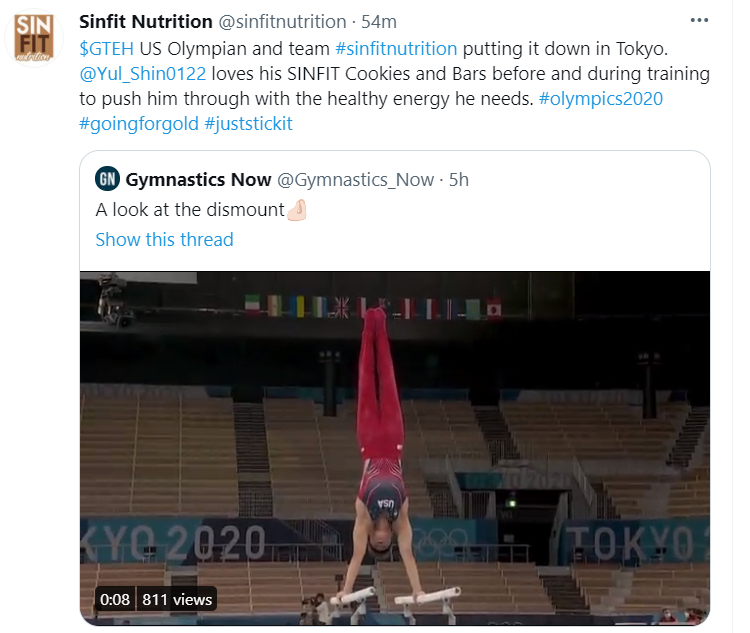 JesusGloryToGod's tweet photo. $GTEH https://t.co/JH05Cr13pc $GTEH US Olympian and team #sinfitnutrition putting it down in Tokyo.
@Yul_Shin0122
loves his SINFIT Cookies and Bars before and during training to push him through with the healthy energy he needs. #olympics2020 #goingforgold #juststickit https://t.co/M9TkG09lhf
