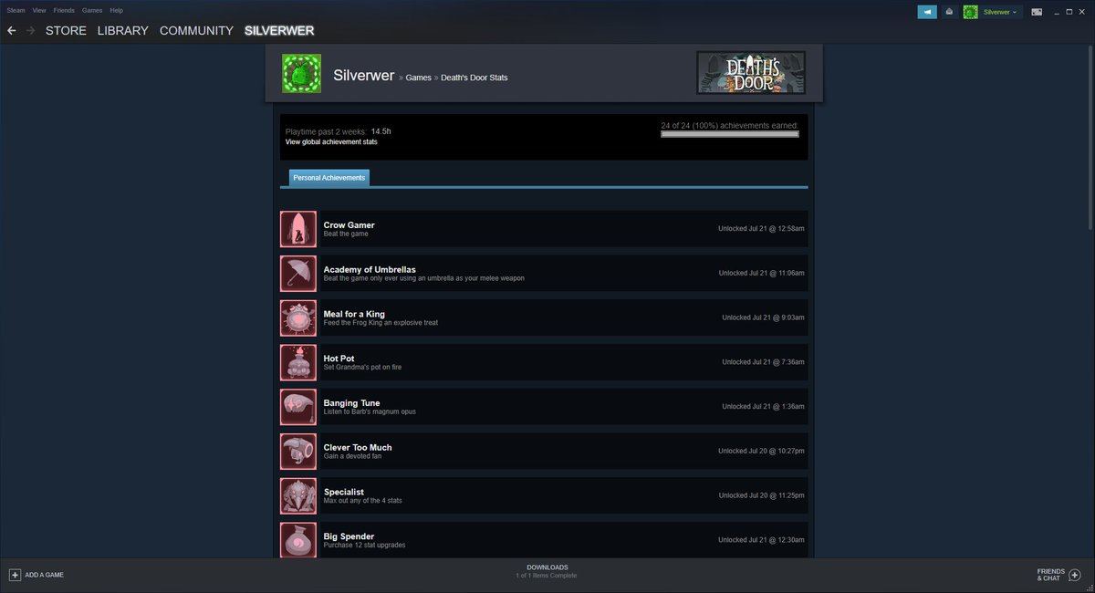 Silverwer_'s tweet photo. I may be one of the first people on steam to 100% Death's Door https://t.co/zszhriZvfx