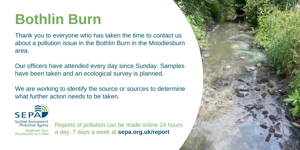 SEPA is aware of a pollution issue in the Bothlin Burn (Moodiesburn area) that may affect Luggie Water and River Kelvin. Officers have attended every day since Sunday, taken samples, and an ecological survey planned. Report environmental incidents at sepa.org.uk/report