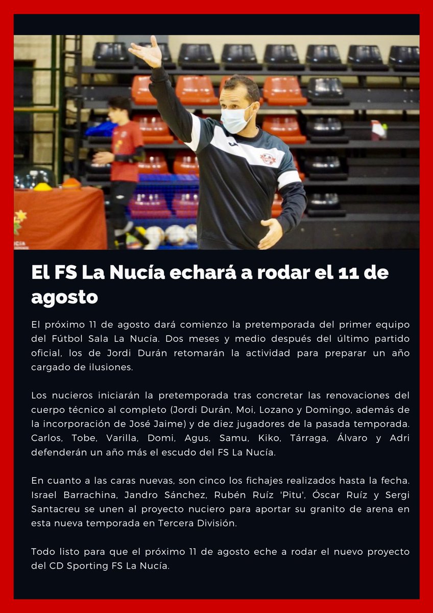 🔴⚫️🔴

𝗢𝗙𝗜𝗖𝗜𝗔𝗟 | El <a href="/CDNuciaFS/">CD Sporting FS La Nucía</a> echará a rodar el 𝟙𝟙 𝕕𝕖 𝕒𝕘𝕠𝕤𝕥𝕠. 📆 

Ponemos la cuenta atrás para el inicio de la pretemporada. ⏳

#LaNucíaCiudadDelDeporte