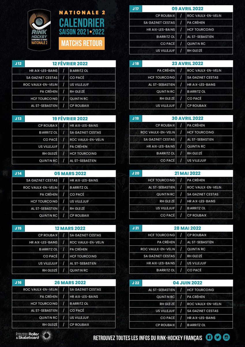 🔥 Calendrier 2021-2022 - N2 🏑🥅

👉 Le calendrier N2 pour la saison 2021-2022 est sorti !
🏁 Début du championnat le samedi 2 Octobre 2021 !