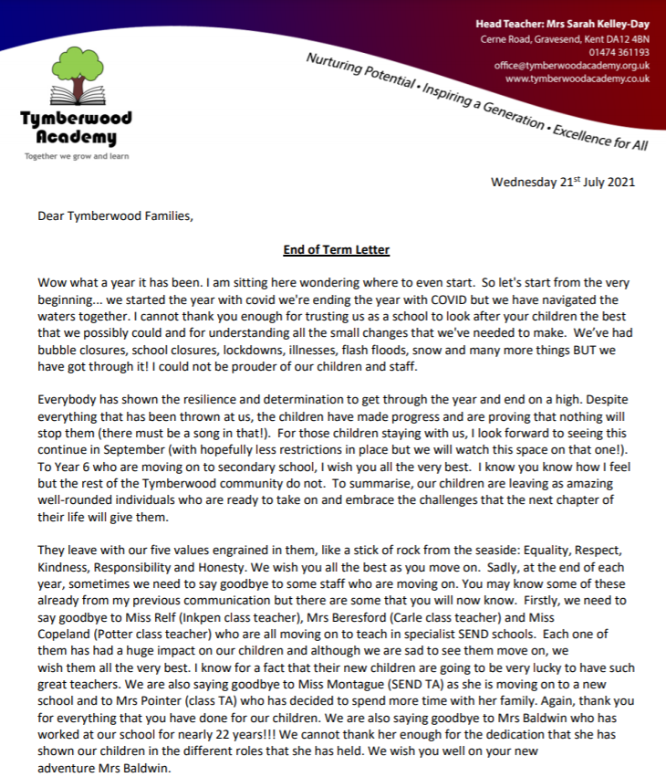 tymberwood's tweet photo. The end is here ...  I have tried to summarise my thoughts and feelings (as well as a few goodbyes) in the letter attached (sent out via ParentMail). 

Stay safe, enjoy the break and make memories - you never know what is around the corner.

Mrs Kelley-Day

#OutForSummer https://t.co/7WI1rTXC8h