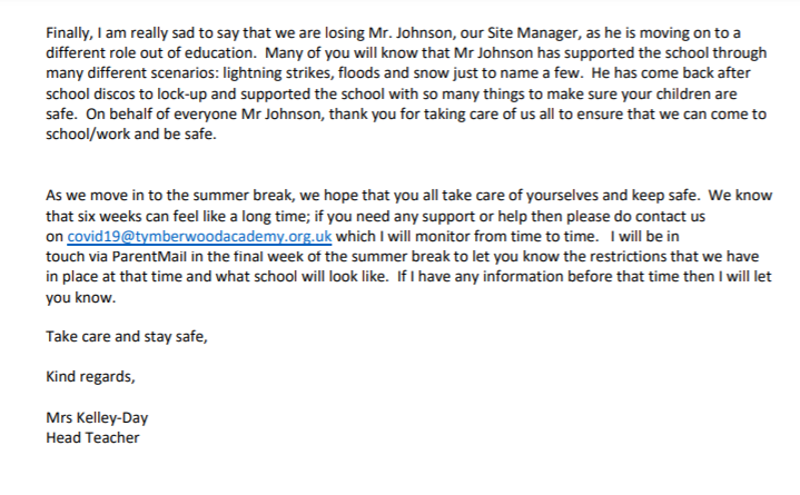 tymberwood's tweet photo. The end is here ...  I have tried to summarise my thoughts and feelings (as well as a few goodbyes) in the letter attached (sent out via ParentMail). 

Stay safe, enjoy the break and make memories - you never know what is around the corner.

Mrs Kelley-Day

#OutForSummer https://t.co/7WI1rTXC8h