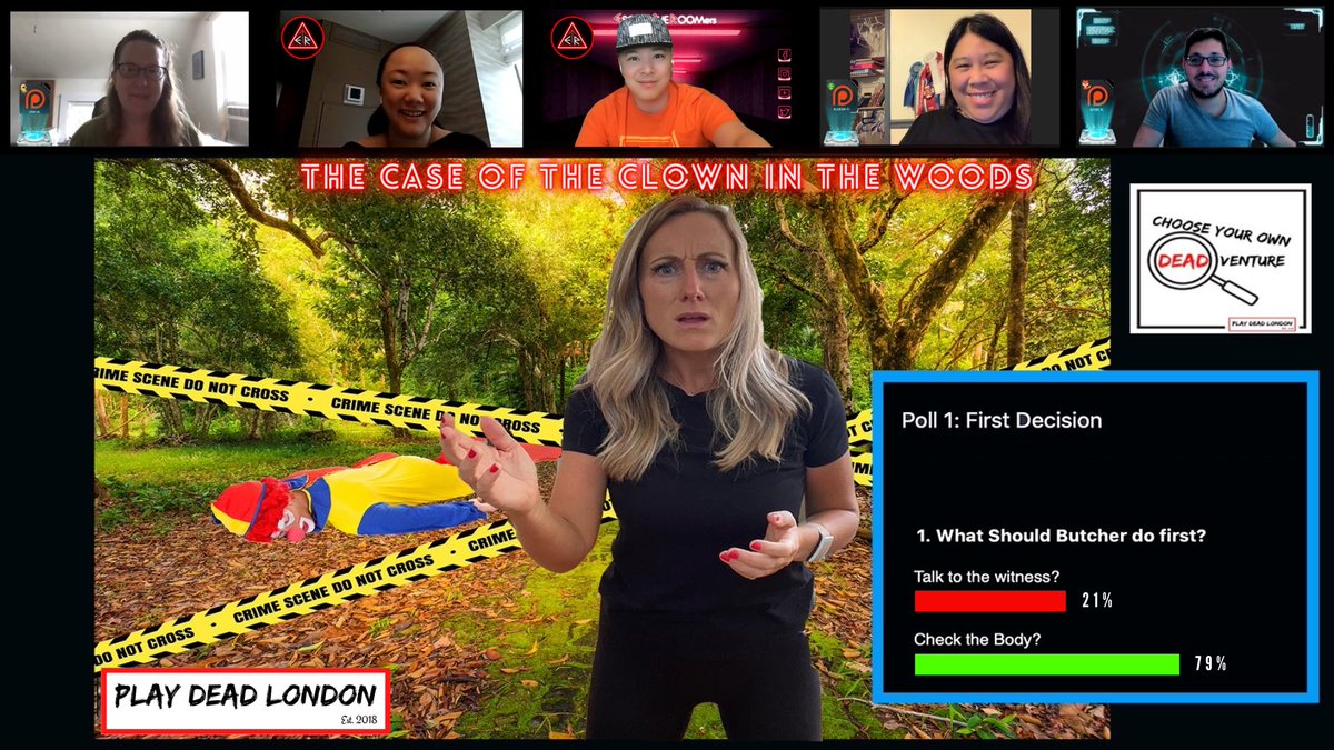 ETROOMers's tweet photo. We had the pleasure of solving "The Case of the Clown in the Woods" (a choose your own DEADventure! game played over Zoom) by @PlayDeadLondon recently. Follow them for more exciting shows! #livetheater #solvecrime https://t.co/8gzHrsz6vq