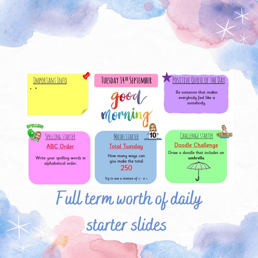 ✨FREE RESOURCE - Morning Starter Slides✨ Full term worth of morning starters including daily spelling, math and challenge starters. All fully editable. Available free on my TES: tes.com/teaching-resou… (This is what I do when I can’t handle the Scottish sun 🥵☀️) #freebie
