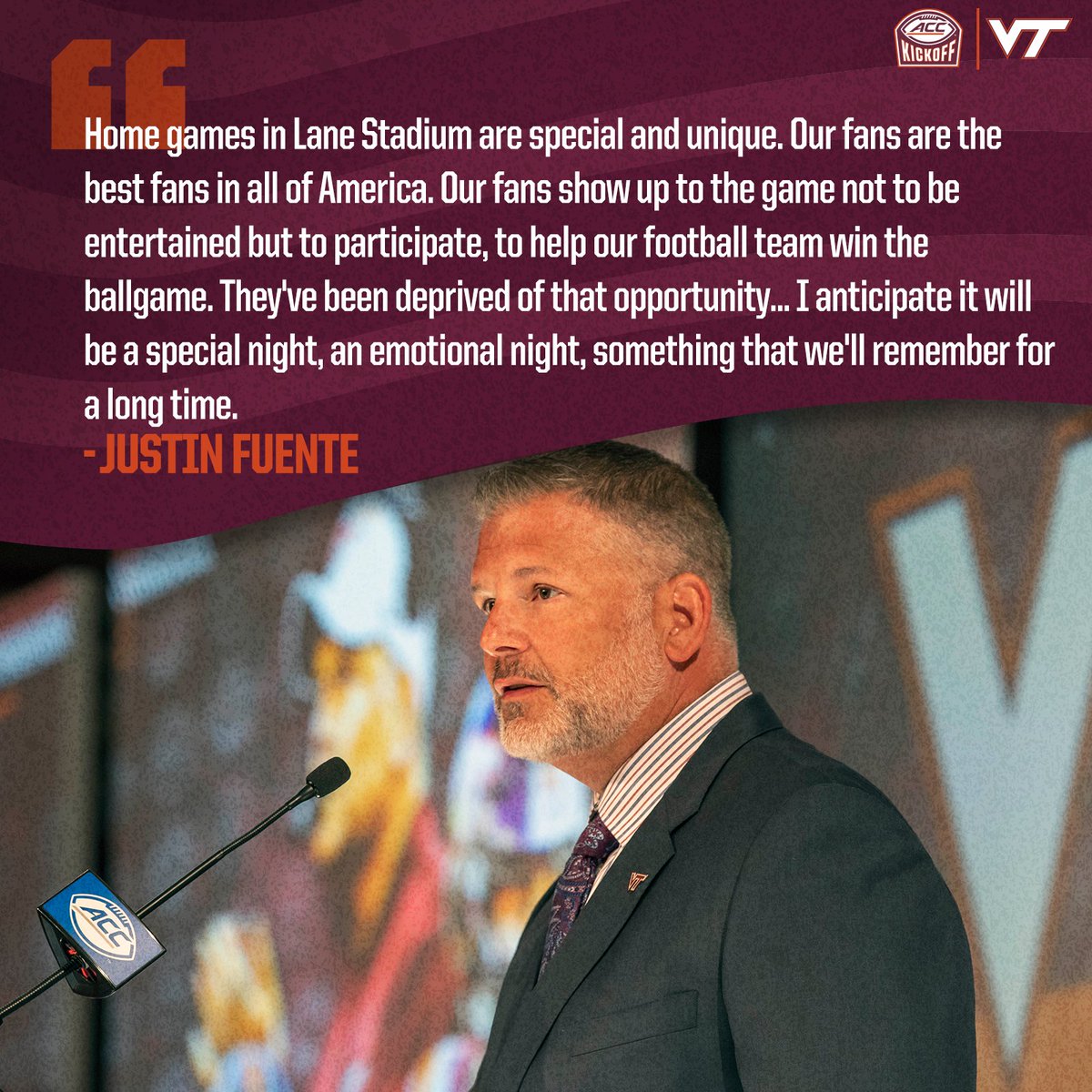 HokiesFB's tweet photo. Coach can't wait until Sept. 3 when #HokieNation is back making a difference in Lane again 👏

#ACCKickoff https://t.co/rnJXxX8sln