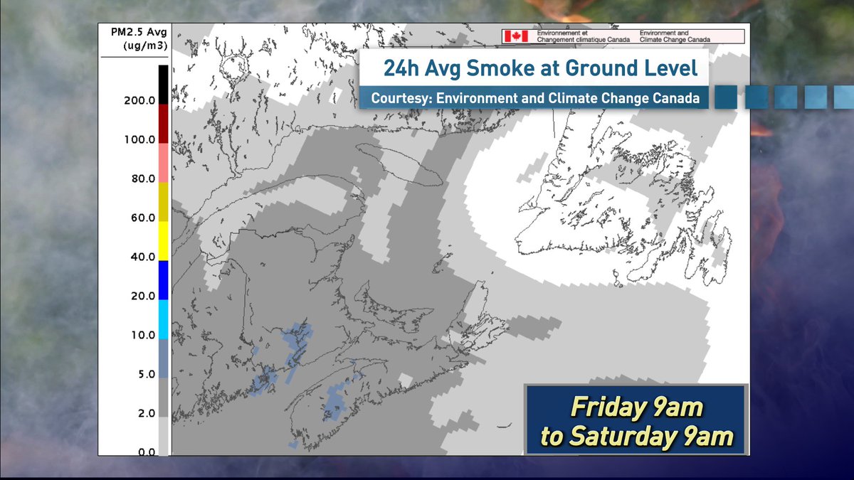 The Special Air Quality Statement has now been expanded to include Nova Scotia. 
The smoke from western &amp; central Canada wildfires has arrived and may mix down to the surface at times today.
Developing northerly winds will usher the smoke offshore thru Thursday.
#nsstorm #nbstorm