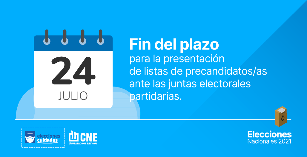 CamaraElectoral's tweet photo. #EleccionesArgentina El 24 de julio finaliza el plazo para la presentación de listas de precandidatos/as ante las juntas electorales partidarias. https://t.co/WpVpRpnEbl
