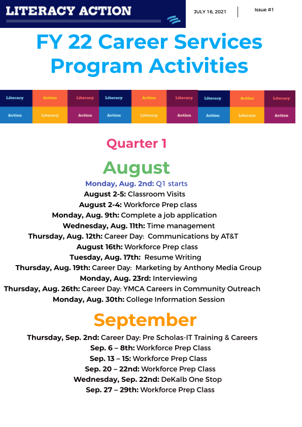 LitActionATL's tweet image. FY 22 Career Services Program Activities
#careerservices #workforceprep #workforcepreparedness #jobapplicationtips #timemanagement #timemanagementtips #timemanagementskills #resumetips #resumehelp #interviewingtips #collegeinformation #jobfairprep #adulteducation