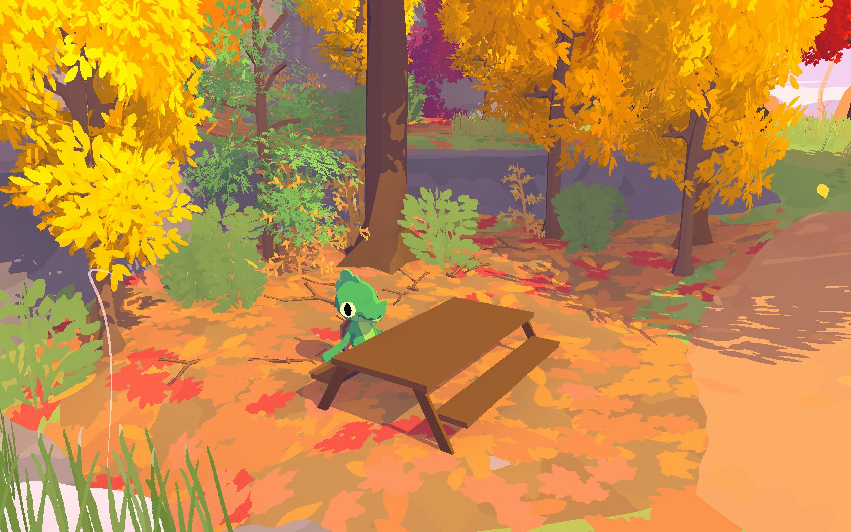 A screenshot of the lil gator at a picnic bench in Lil Gator Game.