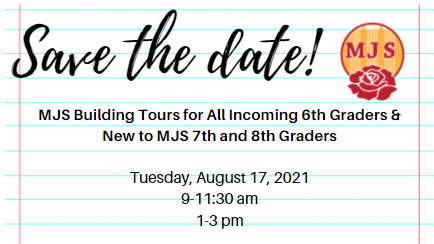 Back to School Building Tours for incoming and new students. Come anytime during these hours. Tours in Spanish will be available all day.  Please forward any questions to Ms. Phillips at phillipsb@madisonnjps.org or call the main office.