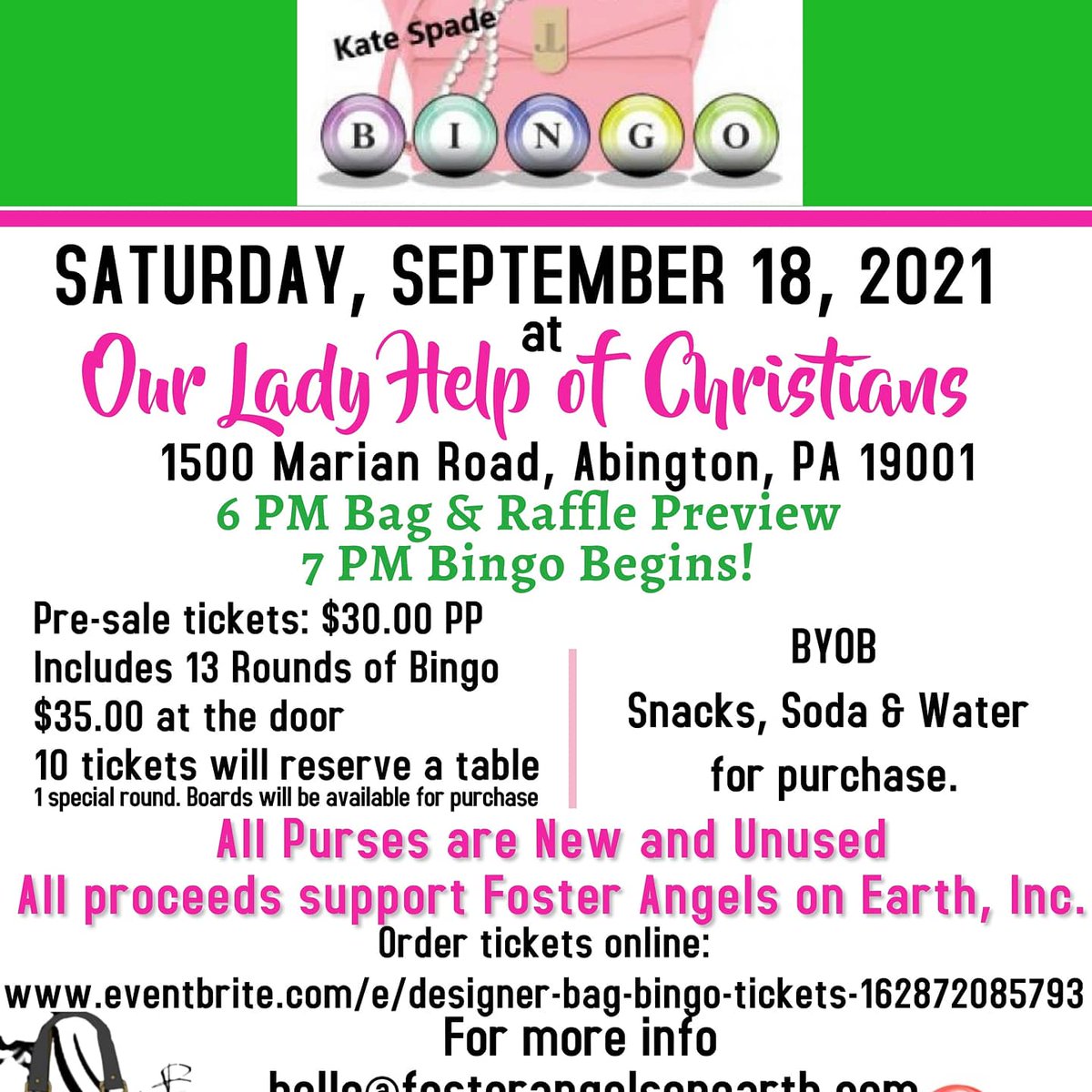 FAOE_Inc's tweet photo. Join us for 🛍Designer Bag Bingo. SAT, September 18th at PM.
All proceeds support Foster Angels on Earth Inc.
Purchase tickets through Eventbrite!
Thank you 😇 https://t.co/c4SOY2hZEt