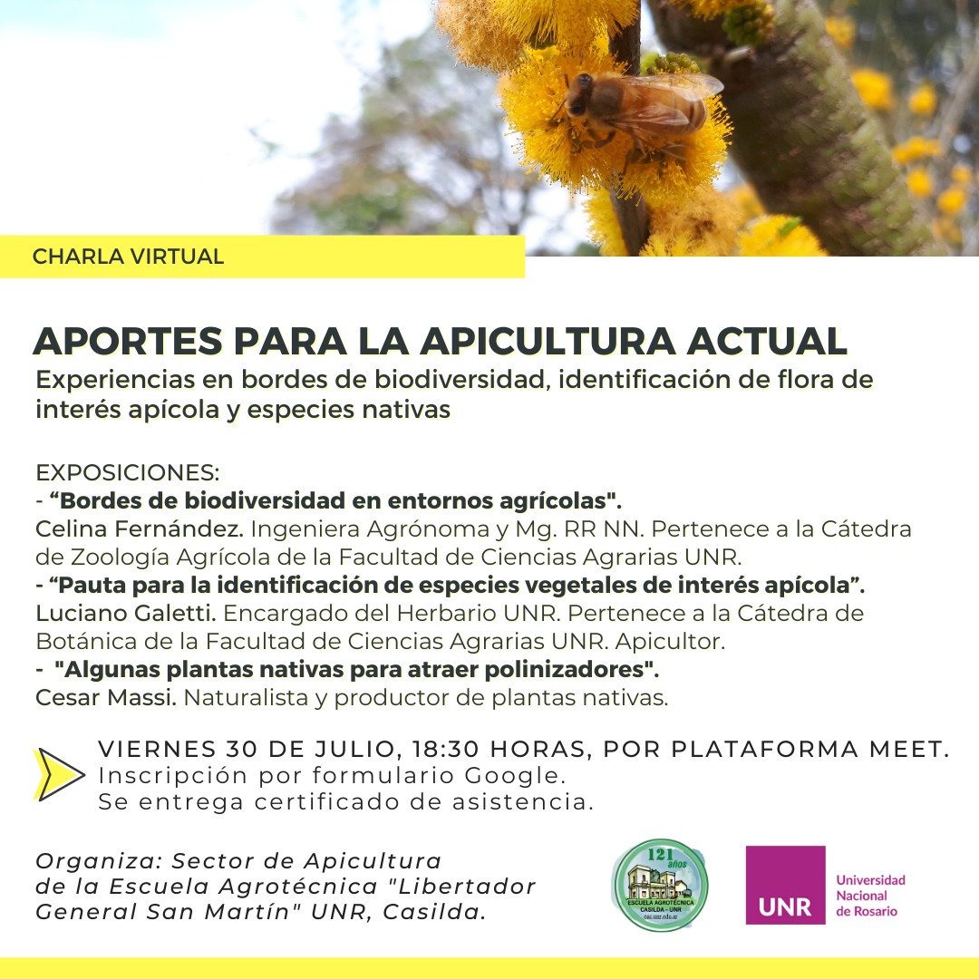 #Agenda 📌Viernes 30 de julio a las 18:30: Charla virtual "Aportes para la apicultura actual. Experiencias en bordes de biodiversidad, identificación de flora de interés apícola y especies nativas”.

🐝 Inscripción: forms.gle/4oowwMLnheVrJa…