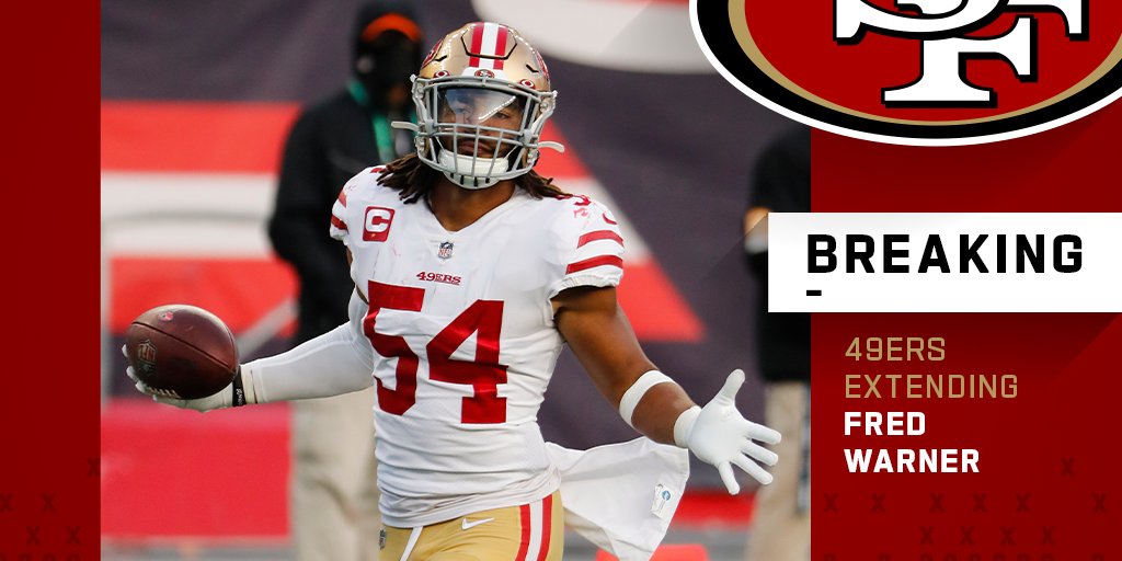 49ers, LB Fred Warner agree to five-year extension worth more than $95 million. (via <a href="/MikeGarafolo/">Mike Garafolo</a>)