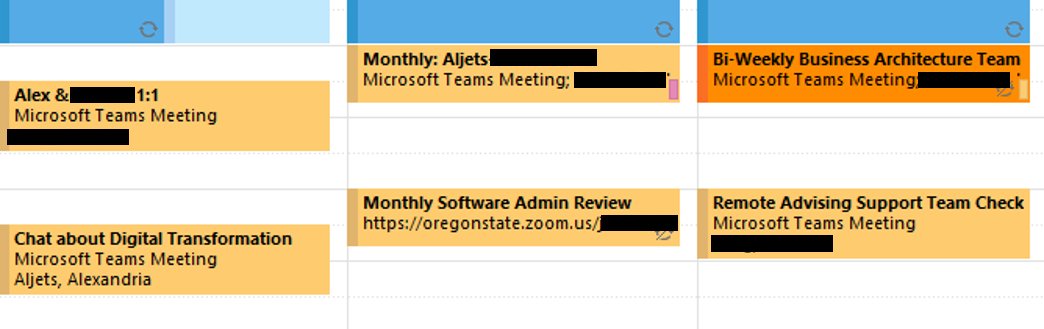 Pre-pandemic I had a mix of in-person and video meetings, which I color-coded orange and yellow respectively on my calendar. After 16 months I am beyond excited to change my next team meeting to orange. Looking forward to being back on the <a href="/OregonState/">Oregon State University</a> campus!