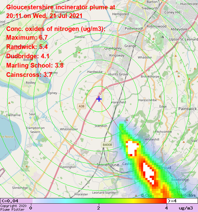 plumeplotter's tweet photo. Latest Gloucestershire incinerator plume plot, 20:11 21/07/21 #Randwick #Dudbridge #Cainscross https://t.co/mtbEc3uClI https://t.co/hCJJxuDeWD