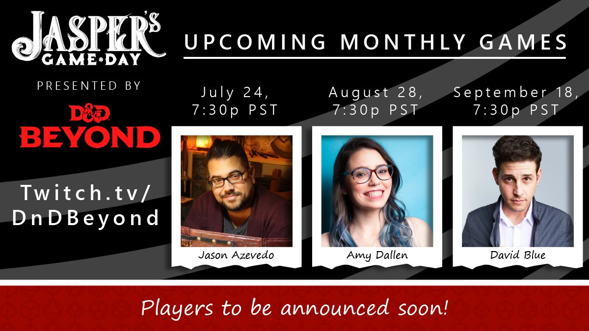 We've partnered with @JaspersGameDay to host exciting #dnd #liveplay streams every month! Coming up, tune into twitch.tv/dndbeyond for games DMed by <a href="/realmsmithtv/">RealmSmith 🔜 D3atSea</a>, <a href="/enthusiamy/">Amy Dallen (is elsewhere)</a>, and <a href="/DavidBlue/">David Blue</a>—all in support of mental health awareness and suicide prevention through gaming.