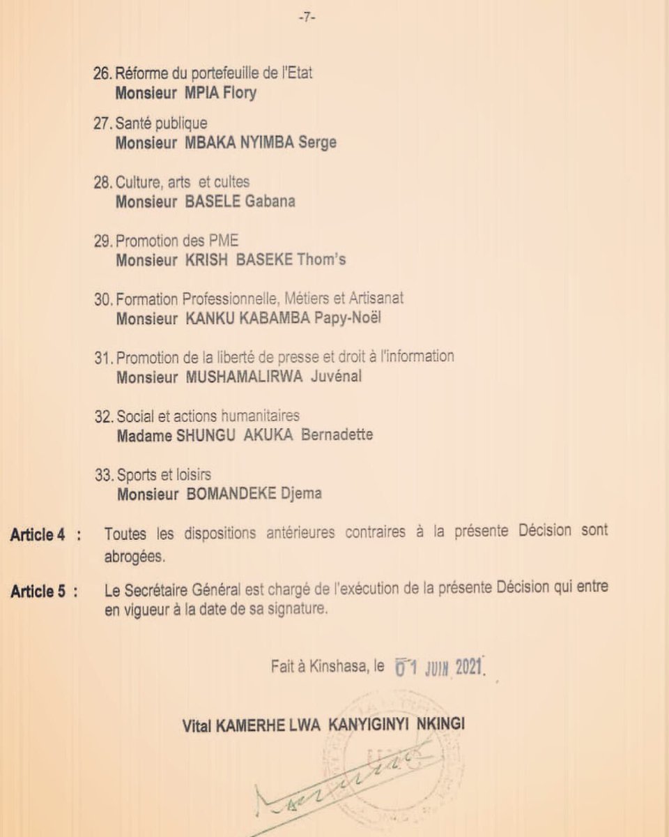 🌍• Trouvez, ci-dessous, la décision de nomination de Madame @Massambombo Misenga Henriette au poste de la #SGA, Zone #Diaspora

Décision no: 0012/PN/UNC/2021 du 01 Juin 2021 du PN <a href="/VitalKamerhe1/">Vital Kamerhe</a> portant nomination des membres du Secrétariat Politique National de l’<a href="/uncrdc/">UNC_RDC Officiel</a>.