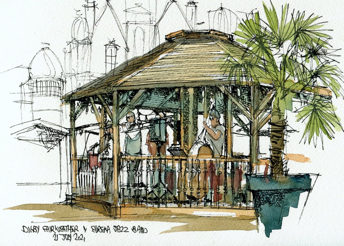 DelSale's tweet photo. Today's urban sketch is of Digby Fairweather and the Eureka Jazz Band performing in the Victoria Square Bandstand as part of the Birmingham Jazz Festival.
The viewpoint is at what3words location https://t.co/tn1l0E9mNp
#inkjuly #sketchaday @BirmJazzFest https://t.co/vlrb55rwPV
