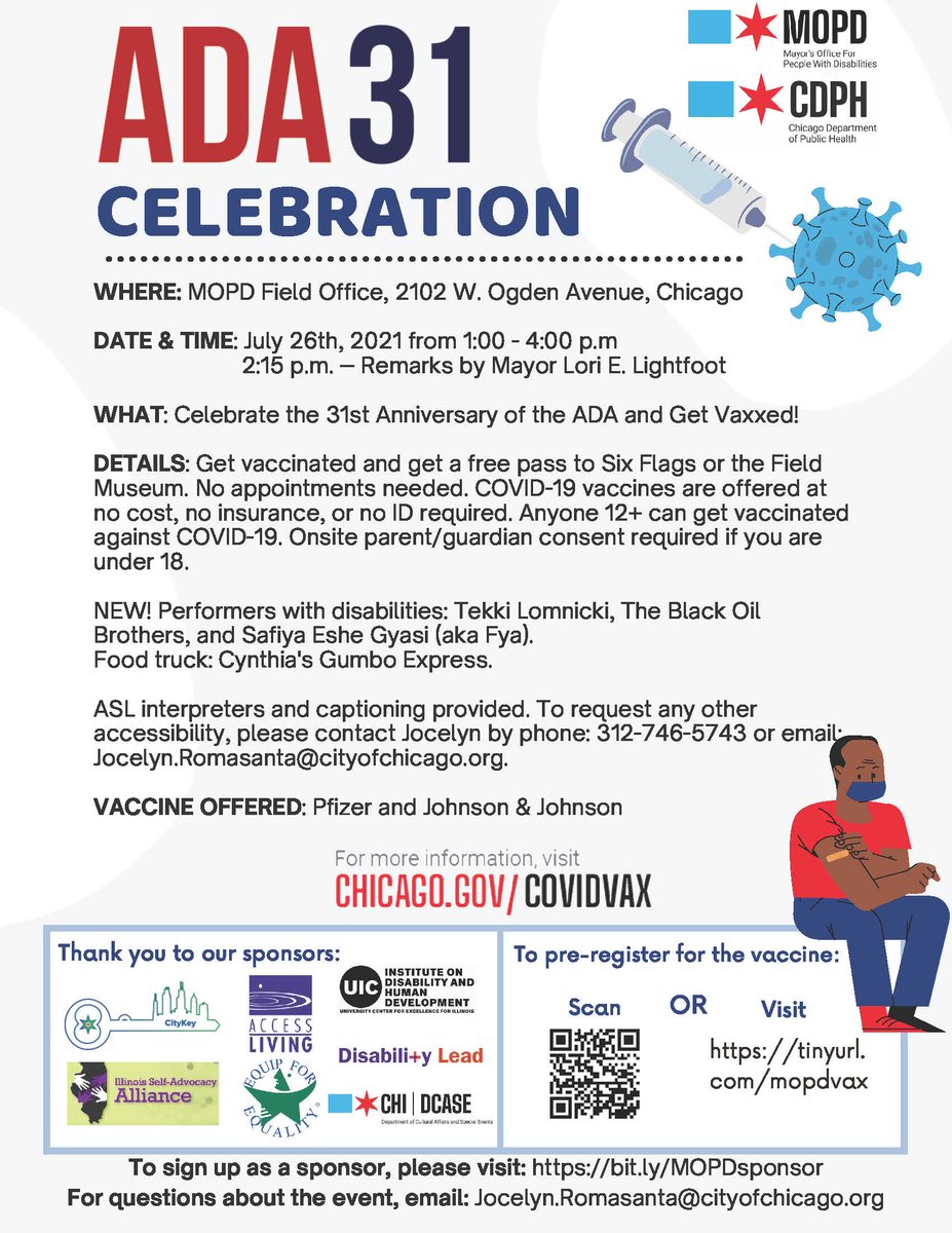 MOPDChicago's tweet photo. Celebrate the #ADA31 with us on 7/26! Get Vaxxed! Get free passes to @SixFlags or @FieldMuseum
Get Ready for School! @MOPDChicago - Field Office, 2102 W. Ogden Avenue, Chicago, IL., 60612, Time: 1-4pm #ADA31 #Vax4All
For more information visit: https://t.co/LkVYAsCktp https://t.co/KJmLe6kTW3