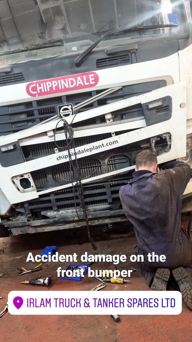 irlamtt's tweet photo. Accident damage on the Volvo FM crane, the front bumper has been demolished and grill damaged the bolts have been snapped off, drill out the bolts removed and replaced the bumper corner sections and middle bumper, drill and tap out new holes for the bumper bolts! #accidentdamage https://t.co/GxjV24m4yl
