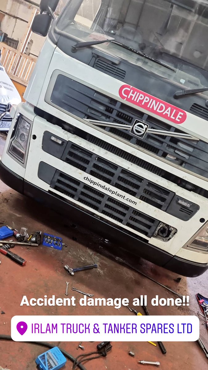 irlamtt's tweet photo. Accident damage on the Volvo FM crane, the front bumper has been demolished and grill damaged the bolts have been snapped off, drill out the bolts removed and replaced the bumper corner sections and middle bumper, drill and tap out new holes for the bumper bolts! #accidentdamage https://t.co/GxjV24m4yl