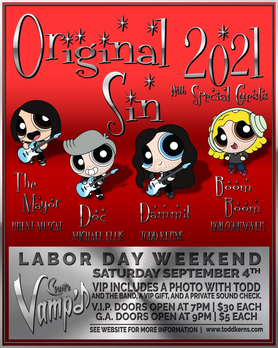 todddammitkerns's tweet image. Ain’t we adorable!?! It’s official! ORIGINAL SIN LV SepT 4th @VampdVegas FINALLY! 10 year anniversary of Exile On Fremont Street pushed back by a worldwide pandemic to reach its 11 and a half year anniversary but you know what? We’ll take it! Gonna be a blast. See you there!