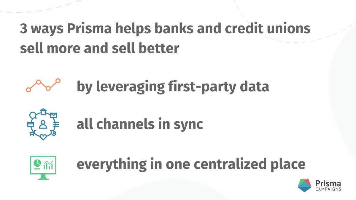 PrismaCampaigns's tweet photo. Prisma was designed with a core goal in mind; to help banks and credit unions improve sales. 

Check out our latest blog post to learn how technology can help your financial institution. #creditunions #banking

https://t.co/IXAsnBmi9a https://t.co/wUx5V5FA5U
