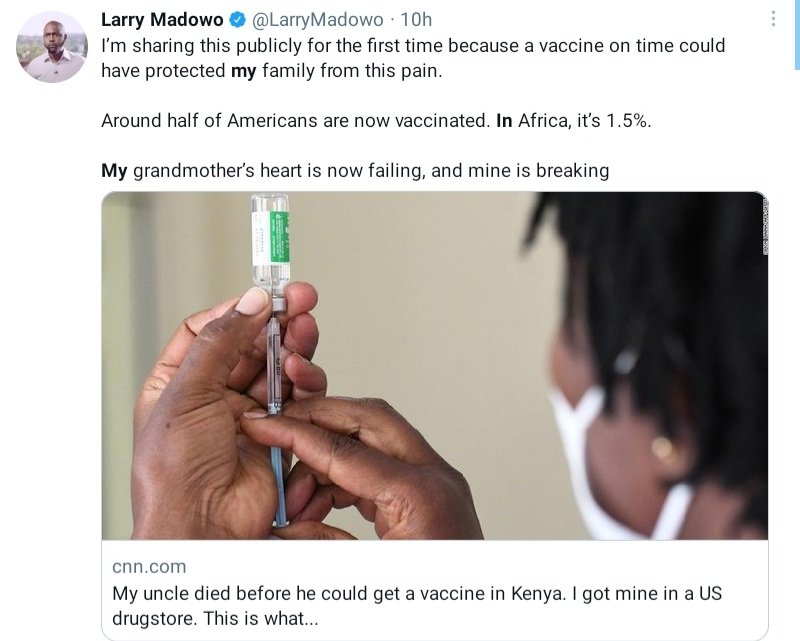 @afromedwoman @paimadhu The often-repeated mantra that #WeAreInThisTogether rings hollow when a privileged few in the 🌏 have more vaccines than they need and a great many have nothing.
#VaccineInequality #GlobalHealthInequity