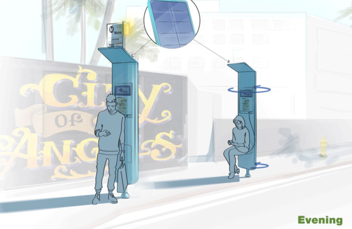 artist's rendering of proposed shade panel bus stop by Outfront Decaux. The drawing shows two people waiting for the bus. The woman is sitting and charging her phone while the man stands behind the shade panel.
