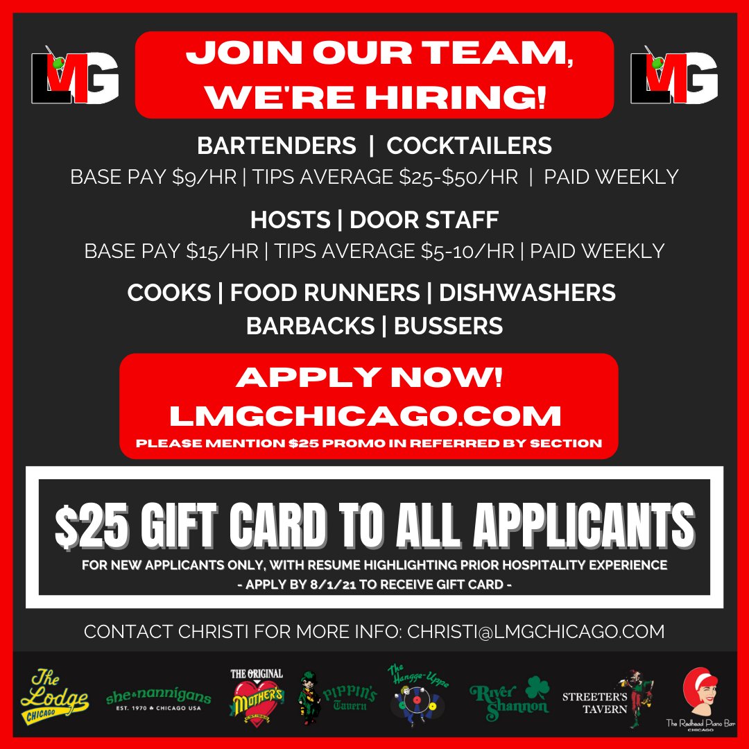LmgChicago's tweet photo. We are hiring, join our Team!
$25 Gift Card to all new applicants that provide a resume highlighting prior hospitality experience! Apply by 8/1/21 to receive gift card!
Apply Now: https://t.co/5I05DywcPO
#LMGChicago #Chicago #JobOpportunity #NowHiring #ChicagoJob #HospitalityJob https://t.co/UZVdjZjXjF