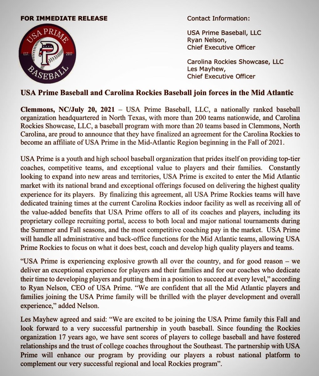 CarolinaRockies's tweet image. USA Prime Baseball/Carolina Rockies Announcement