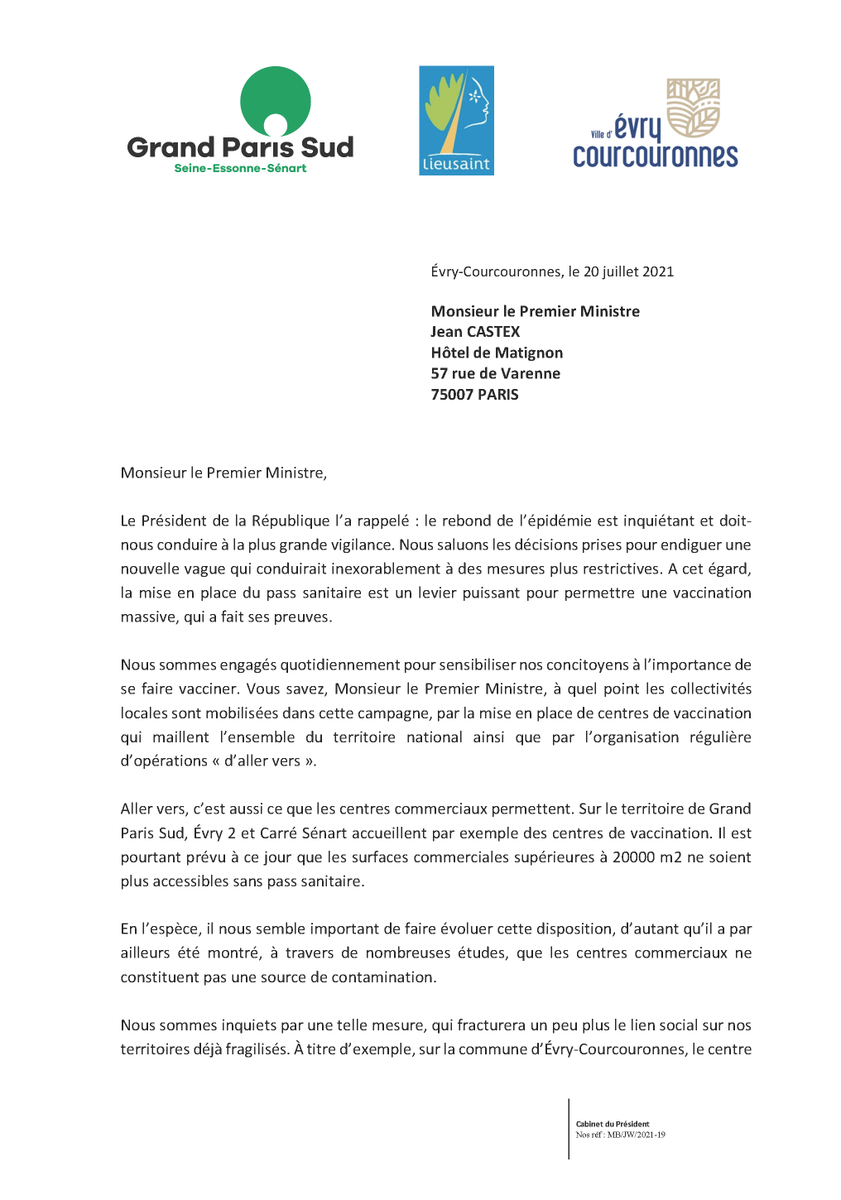 grandparissud's tweet photo. @MichelBissonGPS, Président de #GrandParisSud, et @beaudetstephane, maire de la @VilledEvryCourc, ont co-signé une lettre à l'attention de @JeanCASTEX, au sujet de l'accès aux centres commerciaux de plus de 20 000m2 sur notre territoire.
#PassSanitaire https://t.co/8uHhBECi9e