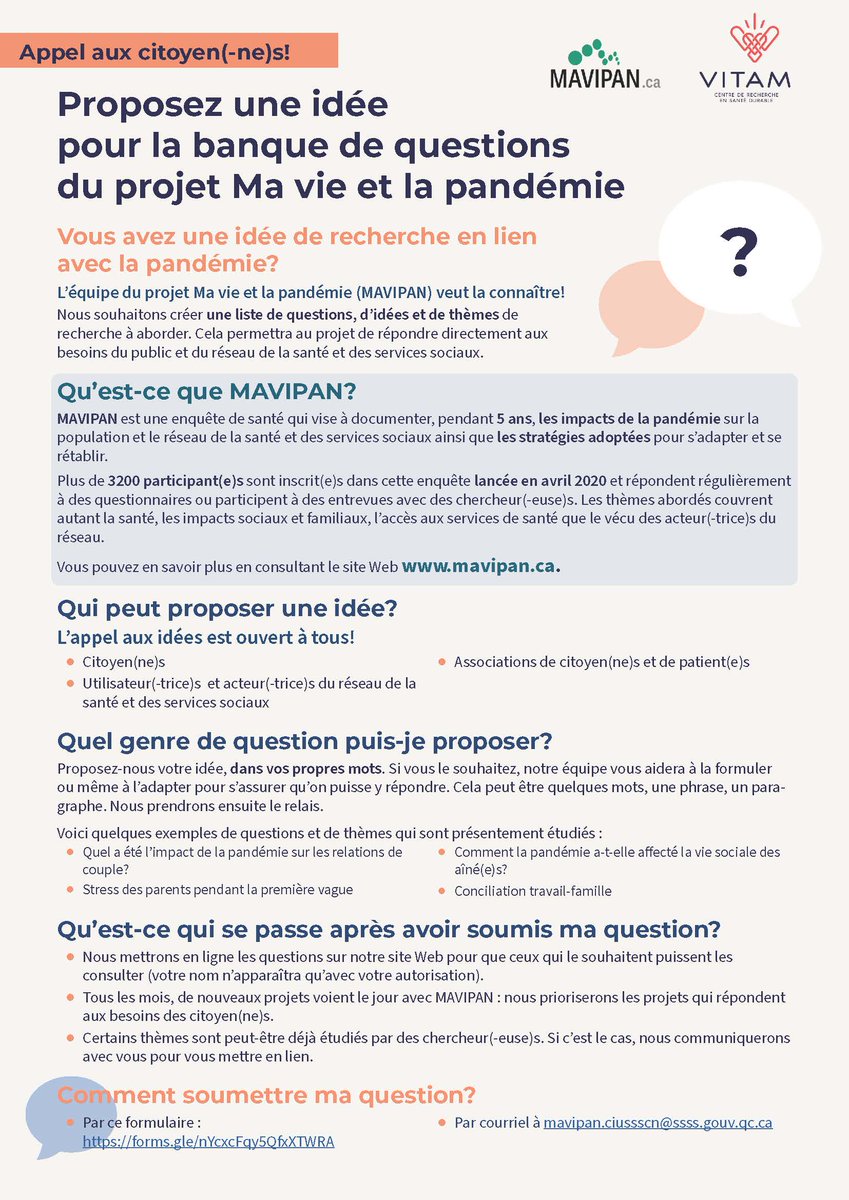 Appel aux citoyens! Vous avez une idée de recherche en lien avec la pandémie? L’équipe MAVIPAN veut savoir ce qui vous préoccupe! Vous pourriez aussi collaborer avec les chercheurs pour y répondre: bit.ly/3ix83CG 
<a href="/CIUSSS_CN/">CIUSSSCN</a> #CERVO #CIRRIS #VITAM #CRUJEF
<a href="/universitelaval/">Université Laval</a>