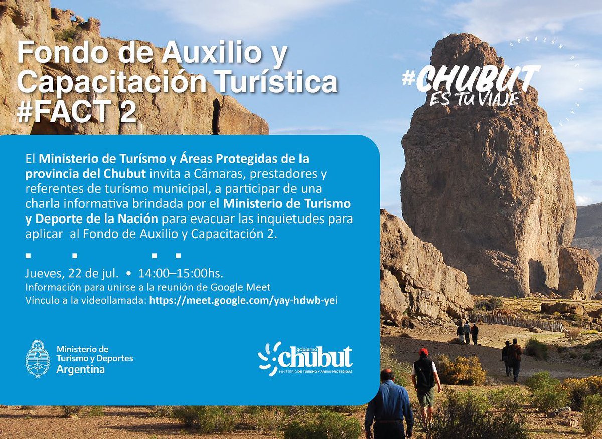 MinTuryAP's tweet image. 🔵Invitamos a las Cámaras, Prestadores y Referentes de #turismo a la charla que se dará en el marco del Fondo de Auxilio y Capacitación Túristica #FACT2, para EVACUAR las inquietudes para aplicar al mismo

🗓️ Jueves 22 julio - 14 hs
💻Acceso Google Meet ⤵️
meet.google.com/yay-hdwb-yei
