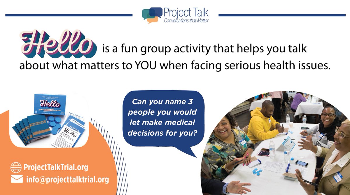 Project Talk Trial (@_projecttalk) on Twitter photo What works best when it comes to helping underserved populations complete advance directives? The Project Talk Trial wants to know! Two widely available tools will be evaluated. The Hello Game is one of them! <a href="/CoPractice/">Common Practice</a>. Learn more here: projecttalktrial.org/about-the-tria…
#eolcare #acp What works best when it comes to helping underserved populations complete advance directives? The Project Talk Trial wants to know! Two widely available tools will be evaluated. The Hello Game is one of them! <a href="/CoPractice/">Common Practice</a>. Learn more here: projecttalktrial.org/about-the-tria…
#eolcare #acp