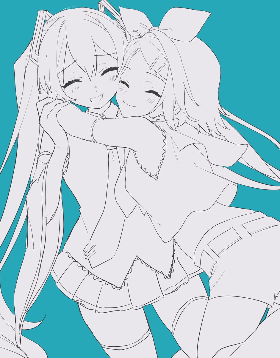 hatsune miku ,kagamine rin multiple girls 2girls long hair hug heads together twintails shorts  illustration images