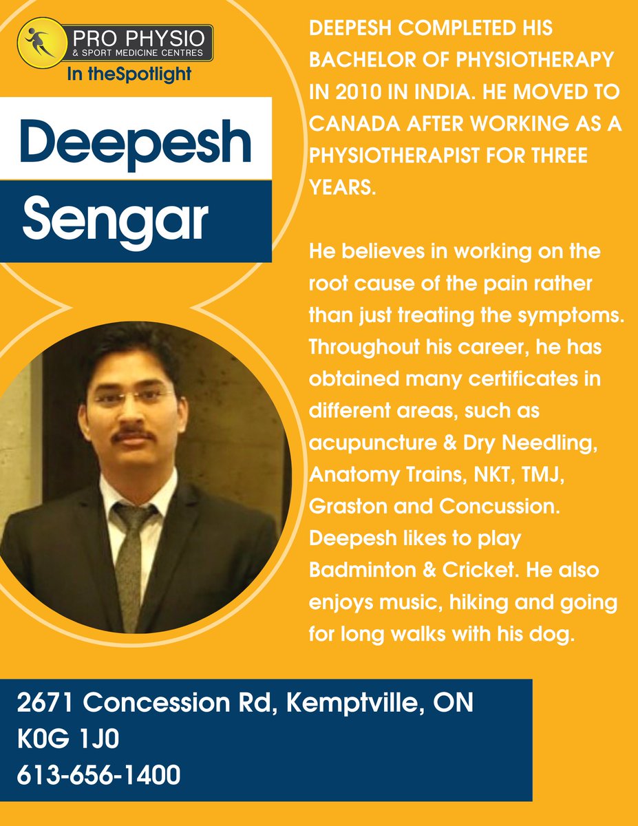 In the Spotlight this week! Our very experienced Pro Physio Deepesh Senger, only at our Kemptville location!