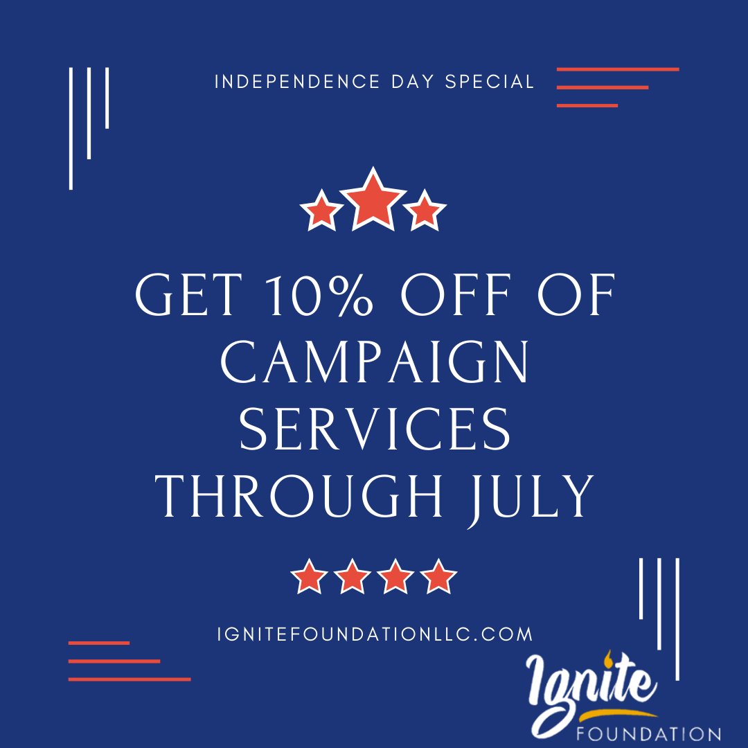 If you are planning on running in 2022, here is another reminder that for the entire month of July get 10% off our campaign launch packages! For more information, visit ignitefoundationllc.com

#Ignite #Liberty #Politics #Campaigns #Washington #BEtheChange