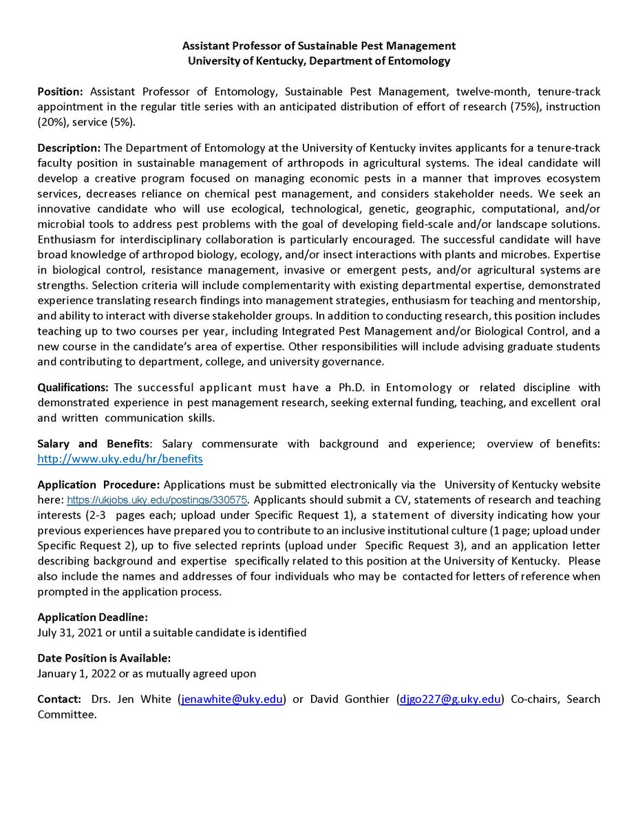 Reminder: The Entomology Department at University of Kentucky is still taking applications for a tenure-track position in sustainable pest management - application review starts Aug 1. Please retweet, and hit me up if you have questions! 🪲🐛🦗