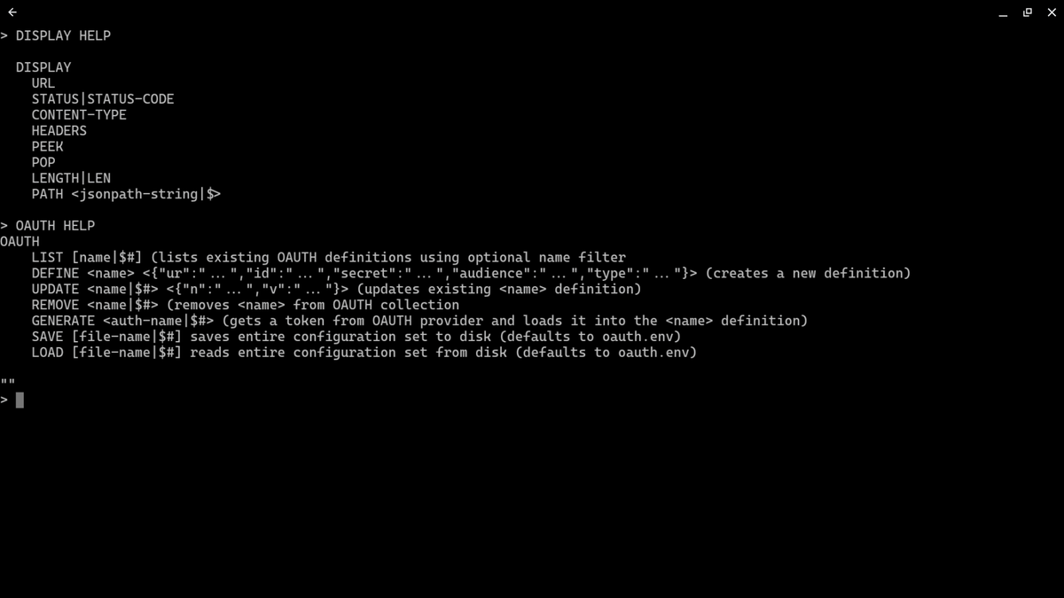 hyper_cli's tweet photo. help screens for DISPLAY and OAUTH commands in in #HyperLANG #HyperCLI
@rwmbook @mamund #API360 #apiClient #hypermedia @oauth_2 @auth0 #OAuth https://t.co/vRXsLvNkxz