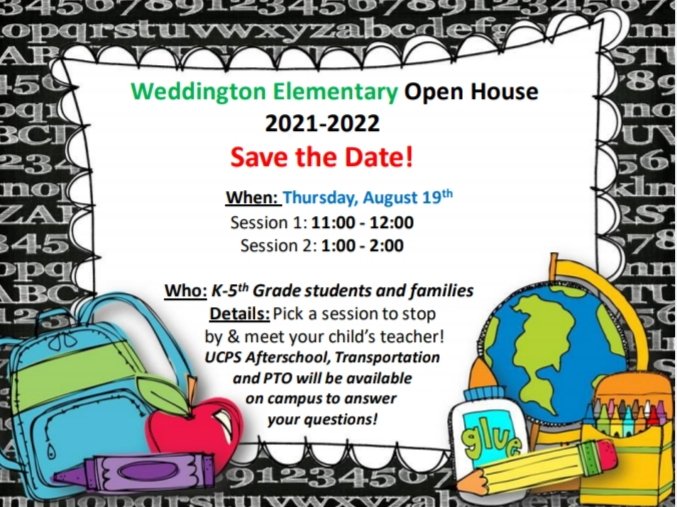 Weddington Elementary Open House is coming! See you soon! <a href="/UCPSNC/">Union County Public Schools</a> <a href="/ekraftson/">Emily Kraftson</a> <a href="/AGHoulihan/">Andrew G. Houlihan</a> @jttopp #BetheBest