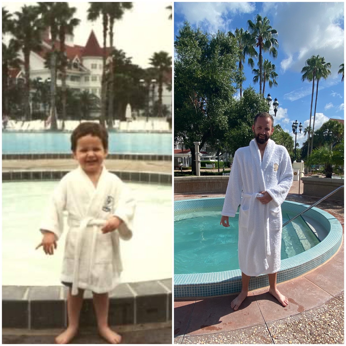 JHerdd's tweet photo. #castcompliment to Penny from West Orange, NJ at the front desk for helping me get ahold of a #GrandFloridian robe to recreate this memory from the last time I stayed there in 1993. I’ve wanted to recreate this photo my parents &amp; grandparents took for years &amp; she made it happen! https://t.co/LWtMSsn9ZS